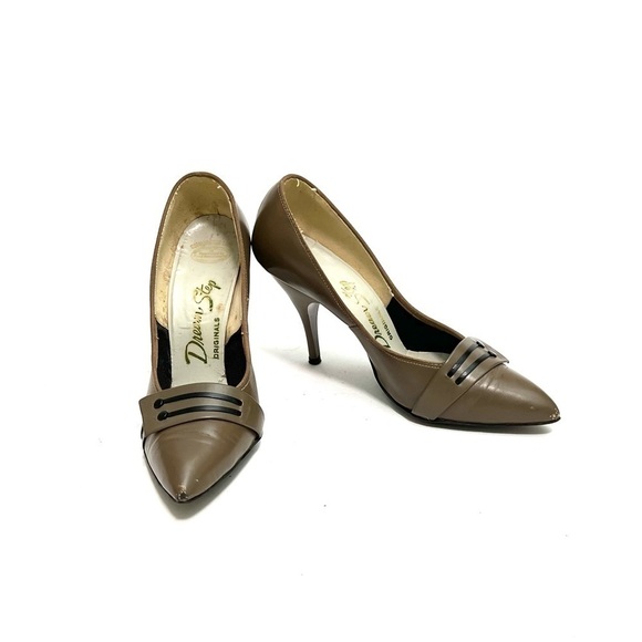 Vintage 1950s brown leather pointed toe black stripe slip on pumps - Picture 4 of 8